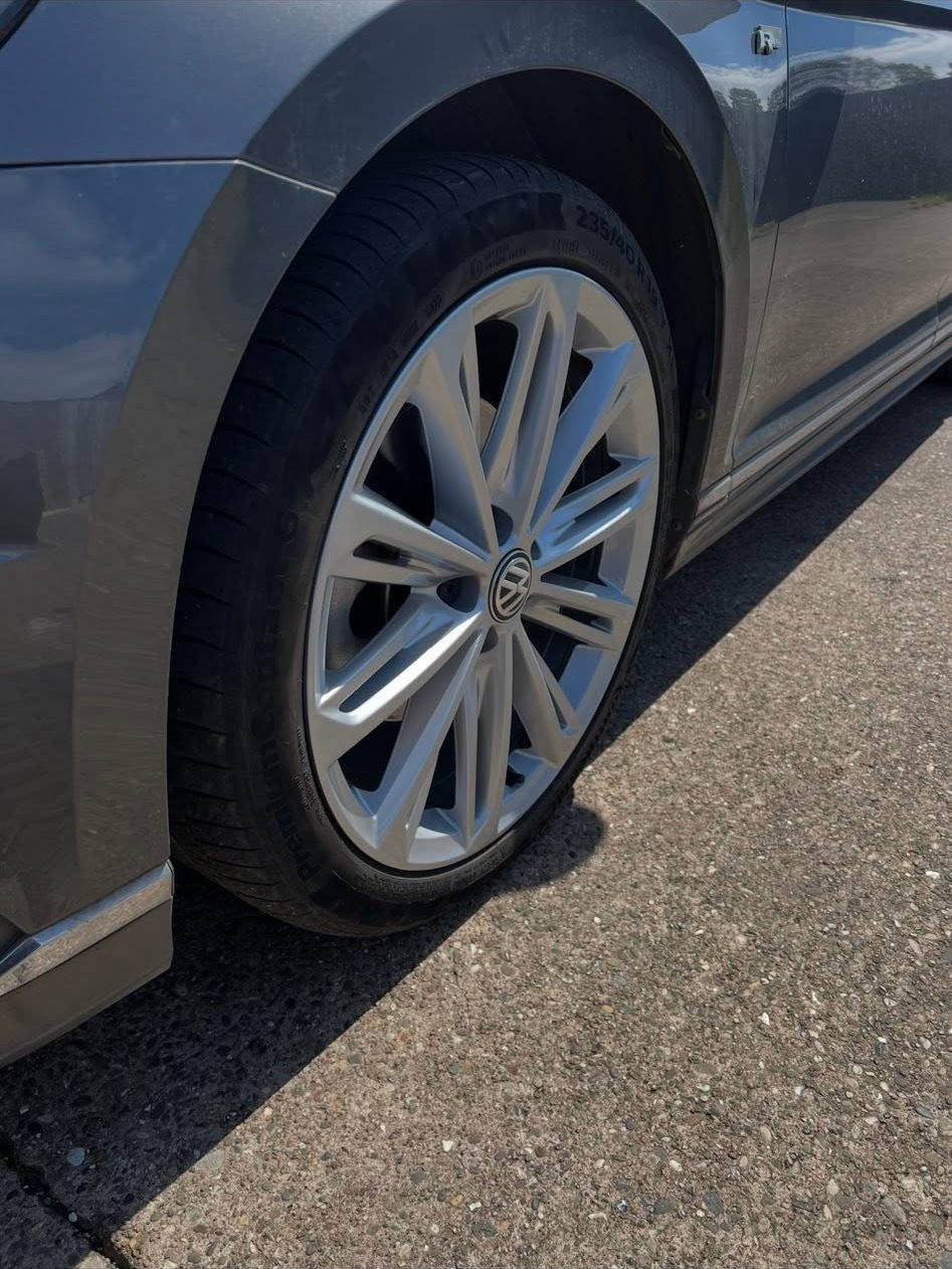 Grey VW with a refurbished silver alloy wheel
